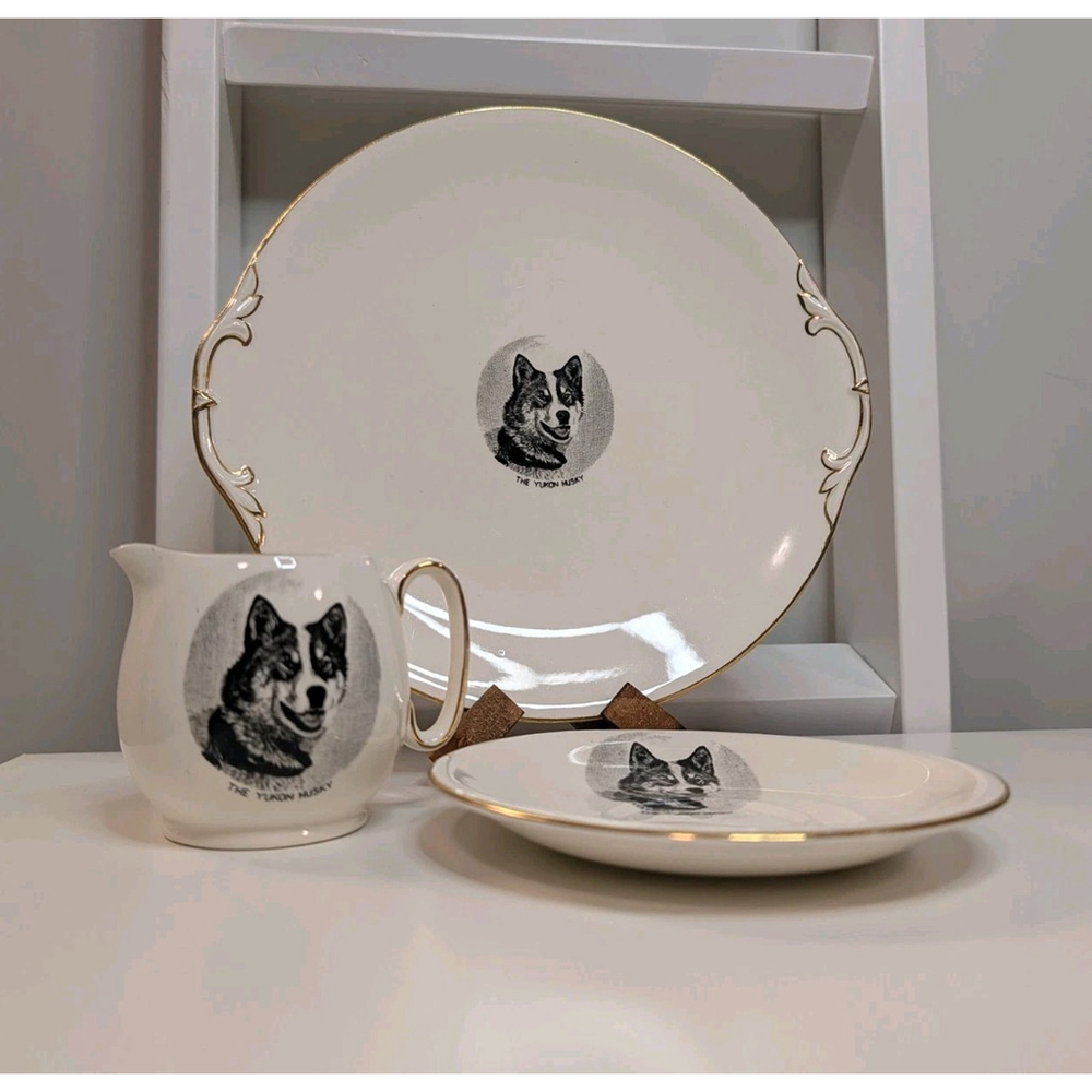 Royal Winton Grimwades Yukon Husky Dog Cake Plate Cream Set Vintage China Rare